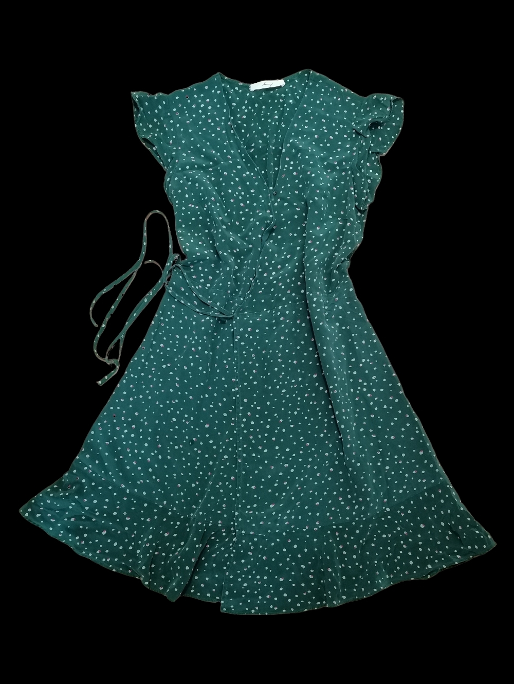 🍃🍃🍃 Green 100% Mulberry Silk Polka Dot Wrap Dress - Picture 7 of 8